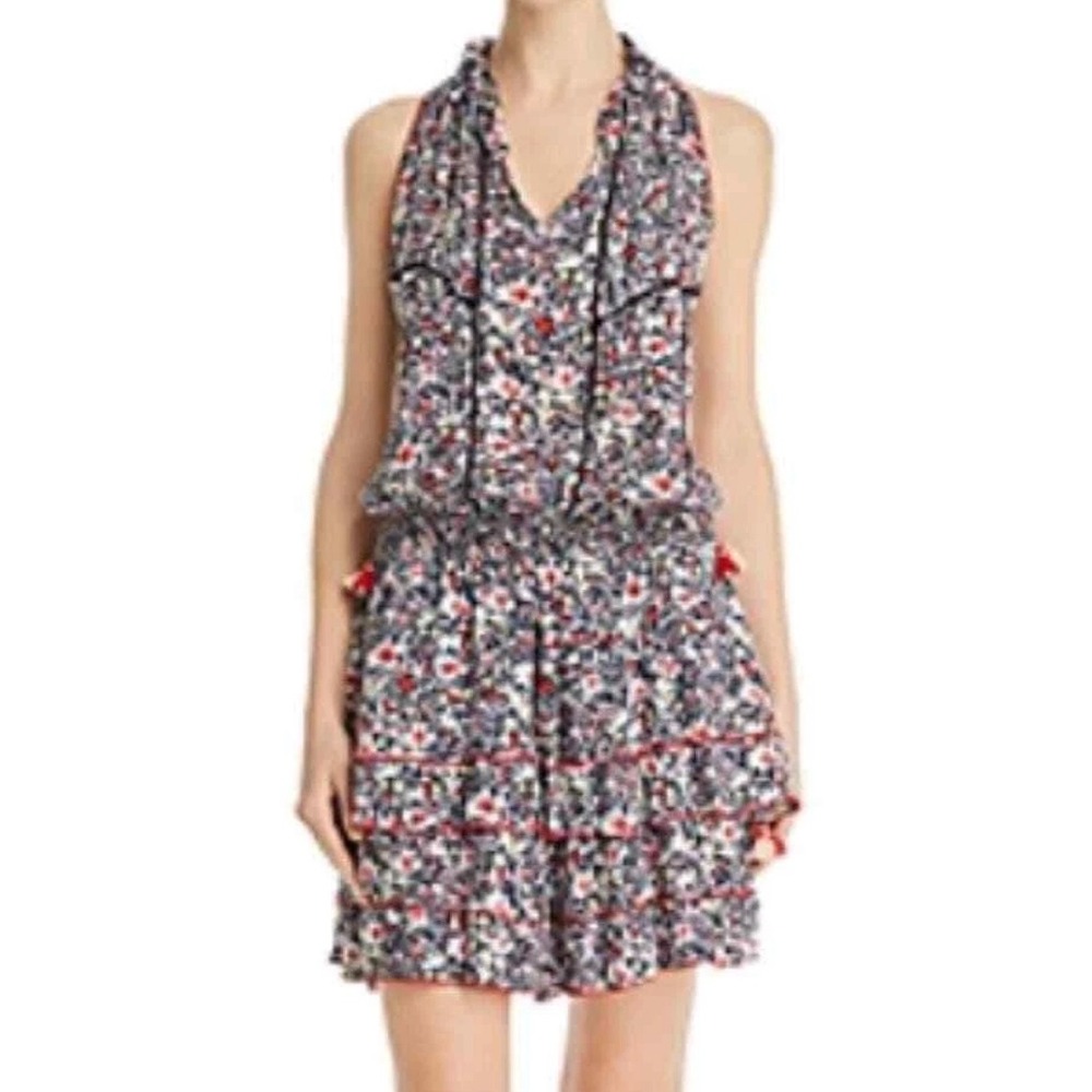 Poupette St Barth Floral Mini Dress Tie Neck Sleeveless Tassel Medium